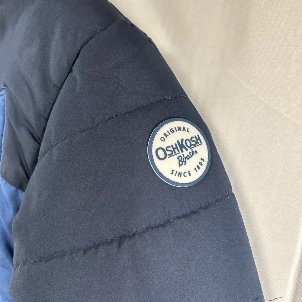OshKosh Bgosh Puffer Jacket Kids M 5-6 Blue Colorblock Faux Fur Hood